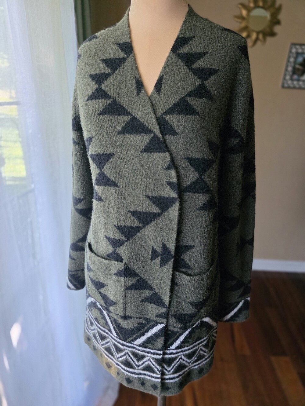 Frye Olive Southwestern Geometric Open Front Long Cardigan Women's M Duster
